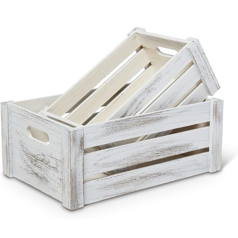 Farmhouse Wooden Crate Set | Whitewashed Nesting Storage Boxes Set of 2 - Picture 3 of 15